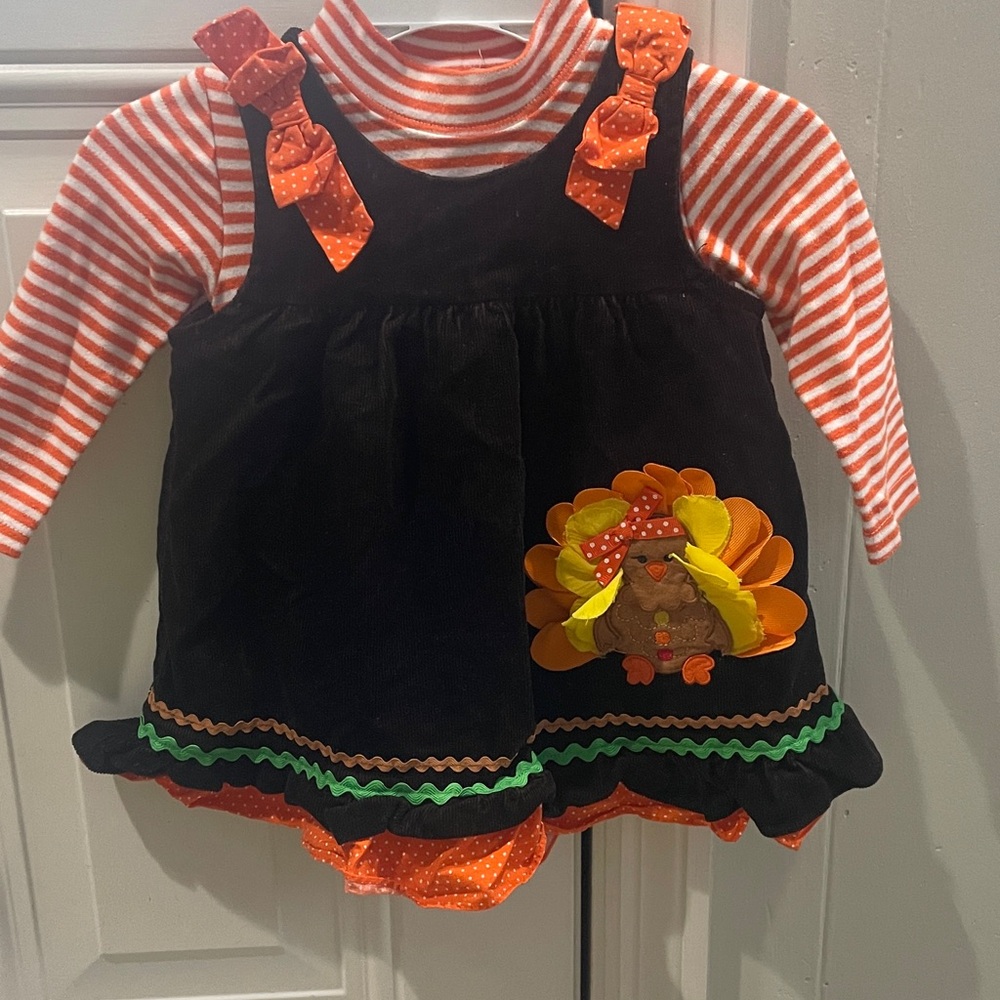 Rare Editions- Thanksgiving themed dress & matching orange/white stripe onesies